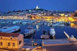Harbour Town Prints: Marseille Old Port (Vieux-Port de Marseille) with yachts and Basilica of Notre-Dame de la Garde in the night