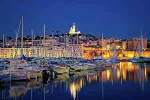 Basilica Prints: Marseille Old Port (Vieux-Port de Marseille) with yachts and Basilica of Notre-Dame de la Garde in the night