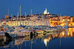 Blue Hour Prints: Marseille Old Port (Vieux-Port de Marseille) with yachts and Basilica of Notre-Dame de la Garde in the night