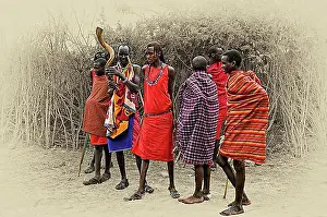 East Africa Prints: Masai in front of their boma, Maasai Mara National Reserve, Kenya, Africa