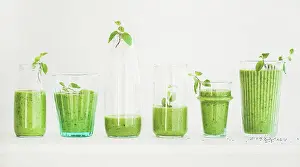 Wellness Prints: Matcha green vegan smoothie with chia seeds and mint in glasses and bottles