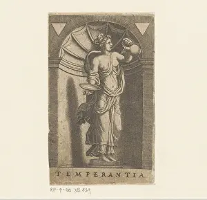 Personification Prints: Matigheid; Temperantia.Virtence female personification (Temperantia) standing in a niche and pouring with a donate