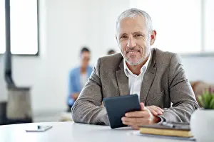 Typing Prints: Mature, man and happy portrait with tablet for corporate