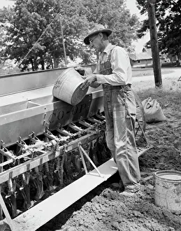 50 54 Years Prints: Mature man loading grinds into sowing machine