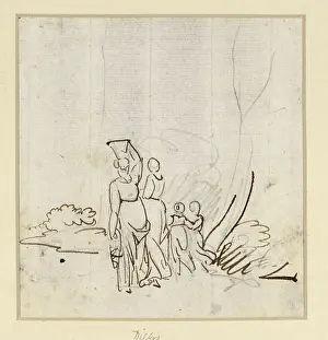 Pencil Prints: Maximilian Johann Georg von Dillis drew water carriers with two children using brown ink over pencil at the end of