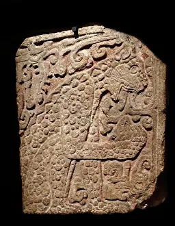 Mexico Prints: Mayan, calcified stone panel, with bas relief depicting a jaguar eating a heart