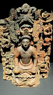 Mexico Prints: Mayan Urn of Teapa; an incense burner depicting a man seated on the Monster of the Earth