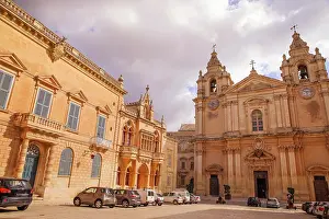 Balcony Prints: Mdina, Malta. Old town square, parliament and cathedral buildings made of limestone