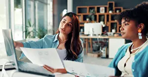Charts Prints: Media agency, laptop and women with documents