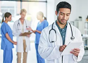 Personal Prints: Medical, doctor and tablet with man in hospital for digital report
