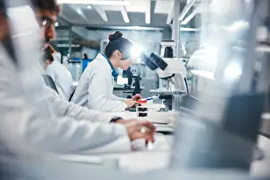 Analysis Prints: Medical, research and scientist in laboratory with microscope