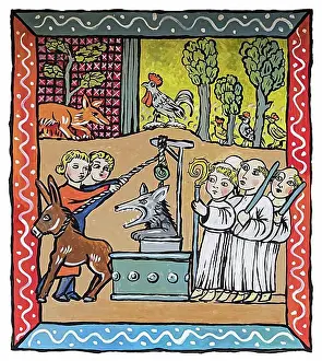 Story Prints: Medieval illustration of the Reynard the Fox fable showing the wolf Isengrim