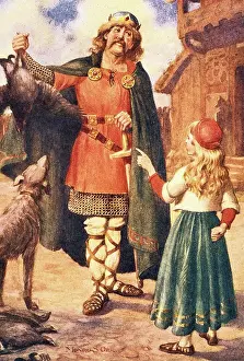 Dads Prints: MEDIEVAL VIKING FATHER RETURNING FROM HUNT IS GREETED BY HIS DAUGHTER DRAWN BY ILLUSTRATOR MONROs ORR