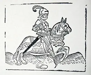 Knight Prints: medieval woodcut of a Knight in armour on a Horse Circa 15th Century
