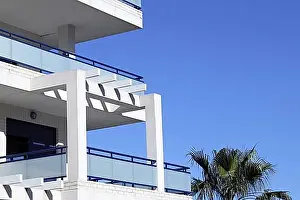Constructions Prints: Mediterranean architecture white and blue coastal building