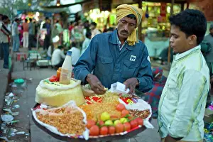 Muslim Prints: Meena Bazar and snack food market in Muslim area of Old Delhi, India