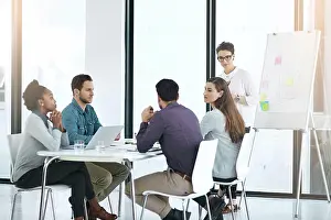 Brainstorming Prints: Meeting, business people and whiteboard in office for brainstorming