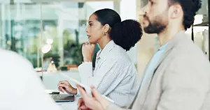 Problem Solving Prints: Meeting, thinking and business woman listening with team for financial review