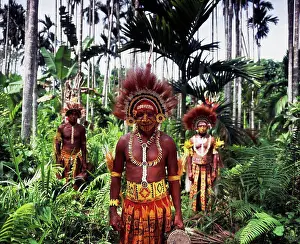 Skirt Prints: Mekeo tribesmen in traditional attire; Central Province, Papua New Guinea