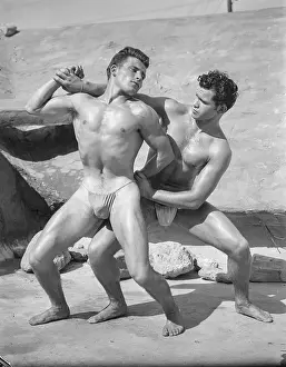 Shirtless Prints: Two Men Wrestling in Underwear c.1952