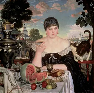 Lifestyles Prints: Merchant's Wife Having Tea 1918 Boris Mihajlovic Kustodiev 1878-1927 Russian Russian State Museum