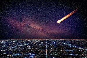 Lighted Prints: Meteor in night sky falling over illuminated cityscape