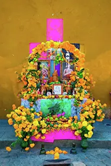 Garland Prints: Mexico;Brightly colored personal shrine to commemorate a loved one for Mexican Day of the Dead