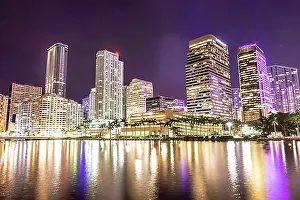 Luminous Prints: Miami downtown skyline under night lights and reflections