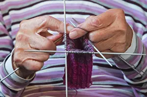Front Views Prints: Midsection of senior woman knitting at home