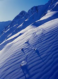 Thrill Prints: Mike Overcast, Jill Curtis and Dawn Gerety skiing and Warren Rowe snowboarding through great powder on the Skookum Run