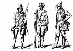 Cavalry Prints: military Denmark 'Old uniforms from the middle of the last century' musketeer rifleman hussar wood engraving