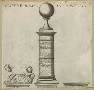 Voorkeursbeeld Prints: Milliarium aureum and sculpture of the Lupa Capitolina; Visitur Romae in Capitolio