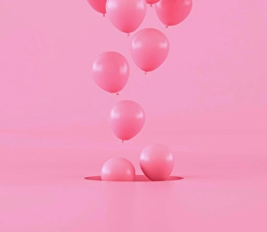 Minimal Prints: Minimal conceptual idea of floating pink balloons on pastel background. 3D rendering