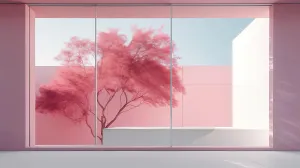 Architecture Prints: minimalistic interior design with large windows and a pink tree