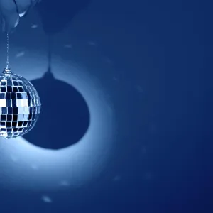 Electronic Prints: Mirror or disco ball, reflecting colorful lights on classic blue background