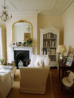 Lounge Prints: Mirror above fireplace in traditional living room