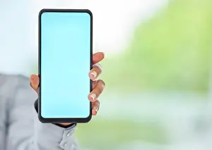 Network Prints: Mockup phone, blank space and blue mobile screen in a hand of a business woman for advertising or marketing