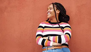 Mockup Prints: Mockup, proud and black woman relax on orange wall background for advertising