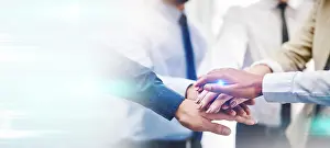 Networking Prints: Mockup, teamwork and business people with stack of hands for support