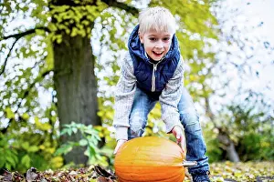 Dried Prints: MODEL RELEASED. Boy picking Halloween pumpkin