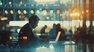 Focused Prints: Modern Business Person Multitasking with Laptop and Smartphone in Contemporary Office Environment
