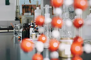 Instruction Prints: Molecular structure on table in chemistry laboratory at university