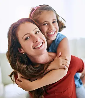 Mothers Day Prints: Mom, girl and piggyback in portrait with love for gratitude