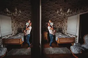 Mothers Day Prints: Mom holding baby up in vintage room with mirror reflection