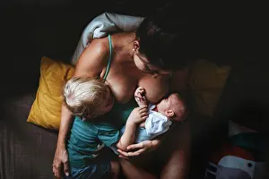 Small Group Prints: Mom tandem breastfeeding newborn baby and toddler