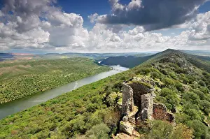 Southern Europe Prints: Monfrague National Park's panorama with a ruined castle over the Tagus river. Spain