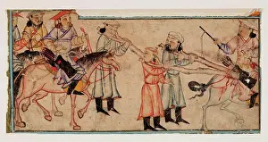 Manuscript Prints: Mongol riders with prisoners. Miniature from Jami al-tawarikh (Universal History)