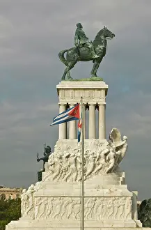 Monuments Prints: Monument to Maximo Gomez with Cuban flag blowing in the wind in Old Havana, Cuba