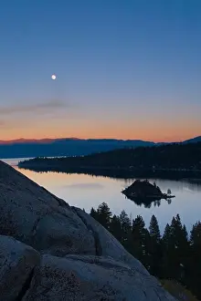 Vista Prints: The full moon rising over Emerald Bay at sunset with alpenglow at Lake Tahoe California