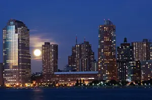 Hudson Prints: Full moon rising over Lower Manhattan skyline across the Hudson River